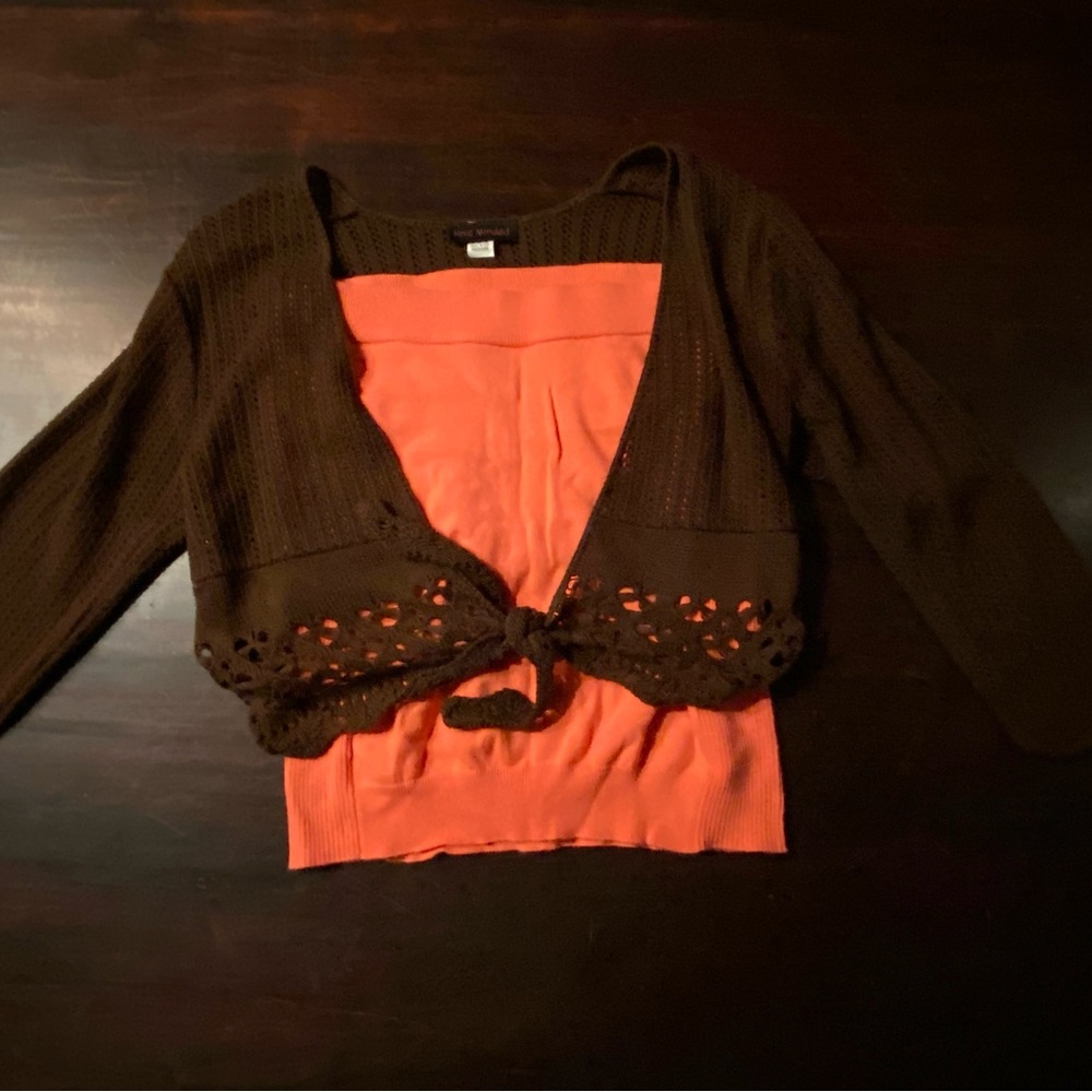 Knit minded Chocolate Brown Cardigan With Old navy Orange Tube Top, Size Medium